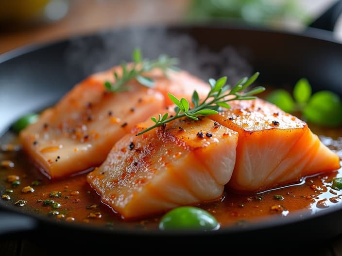 Moist fish fillet being cooked in pan, perfect sear visible