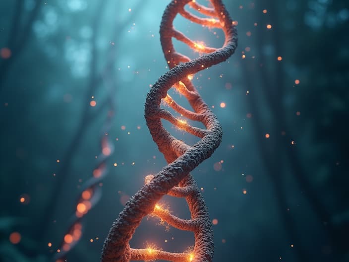 Multiple identical human silhouettes emerging from a DNA strand