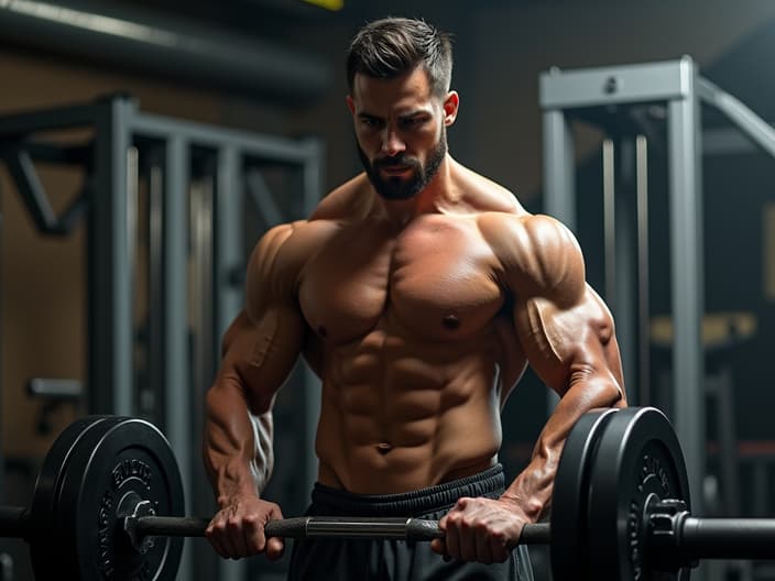 Muscular person demonstrating weightlifting techniques, gym setting