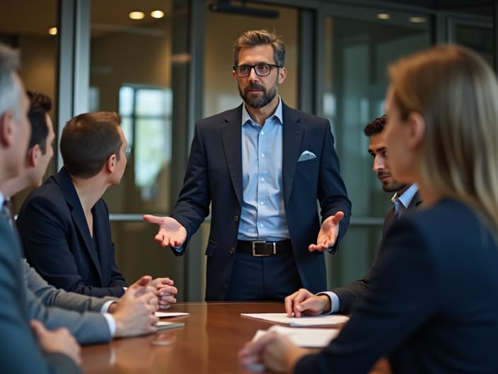 Negotiation expert presenting negotiation strategies, corporate meeting room, professional headshot