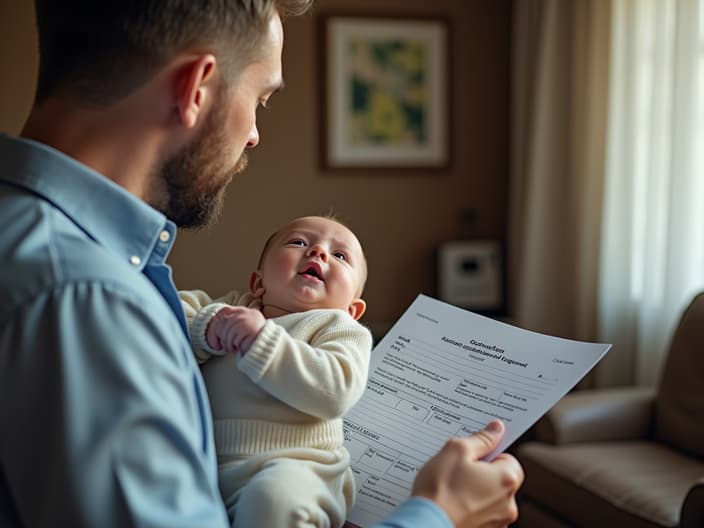 New father holding baby, looking at denied leave request form from employer