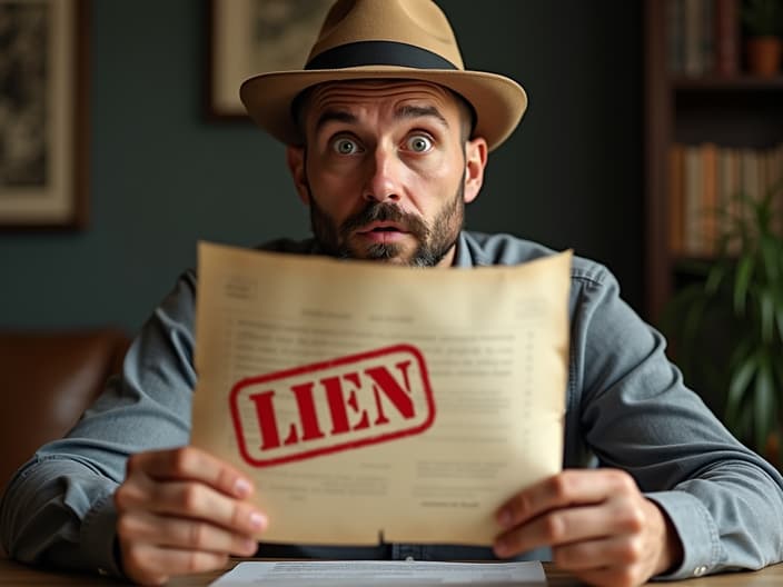 New landowner looking shocked at property deed with 'LIEN' stamp visible