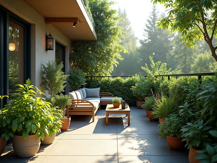 North-facing balcony garden design, shade-loving plants, outdoor setting with studio lighting