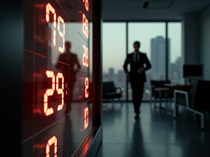 Office clock with multiple late punch-in times, silhouette of running employee in background