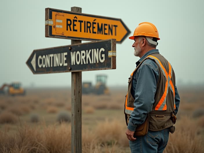 Older worker at crossroads sign: one way pointing to 'RETIREMENT', other to 'CONTINUE WORKING'