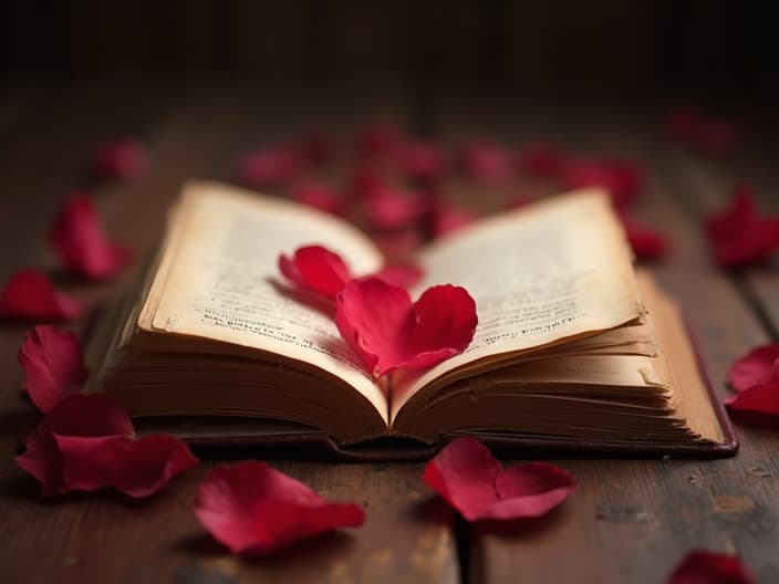 Open book with rose petals scattered on the pages, soft lighting