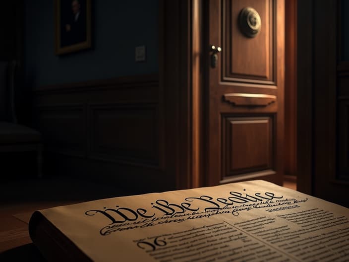 Open front door with police badge visible, constitution book in foreground