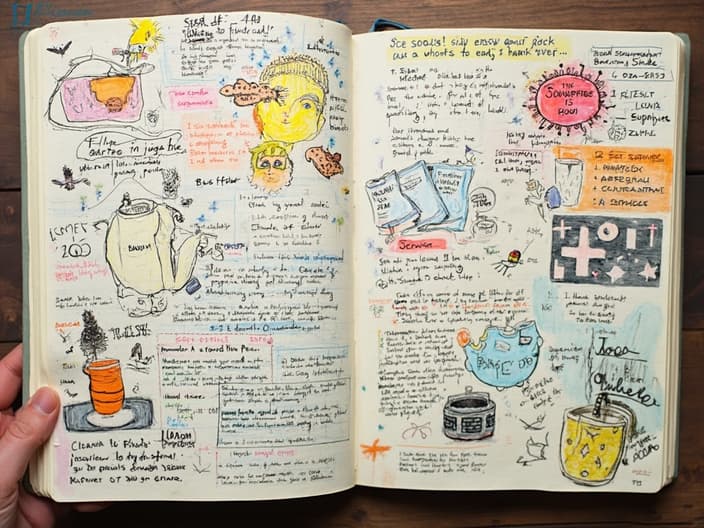 Open journal with colorful entries, sketches, and ideas