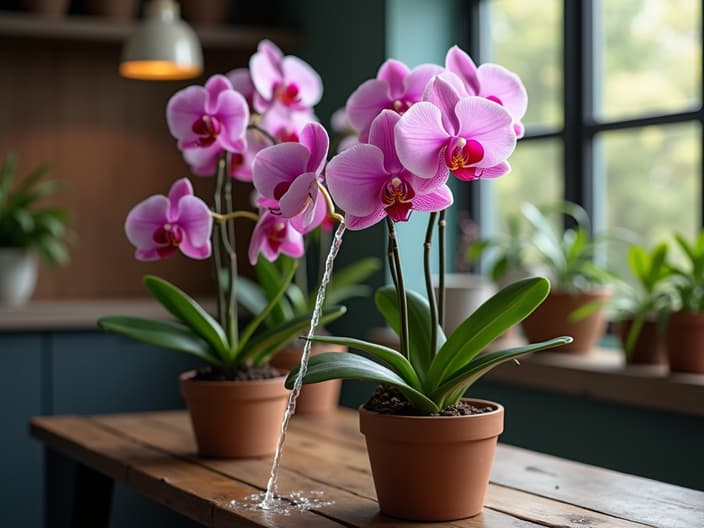 Orchid care demonstration, watering orchids, indoor setting with studio lighting