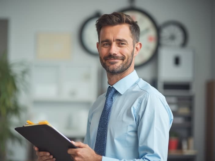 Organized man with a planner and clock in a studio setting, clean and structured background