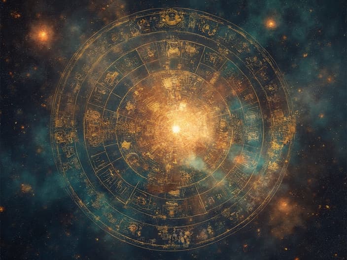 Osoba stojąca na szczycie góry z kartą astrologiczną w tle, epickie oświetlenie studyjne