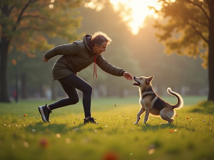 Outdoor scene with a person playing fetch with a dog in a park