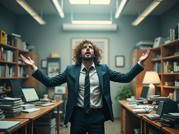 Overwhelmed person juggling multiple tasks in a chaotic office