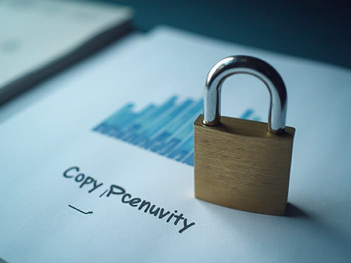 Padlock over document with patent and copyright symbols, business logo in background