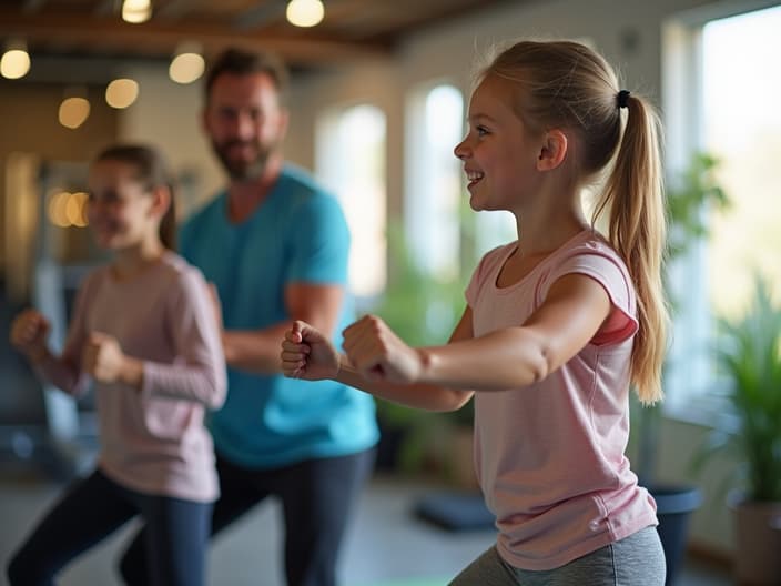 Parent and 10-year-old daughter exercising together, trainer encouraging family exercise