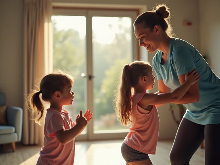 Parent and child exercising together, trainer encouraging family exercise