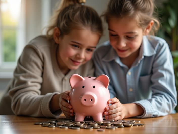 Parent and child putting coins into a piggy bank together