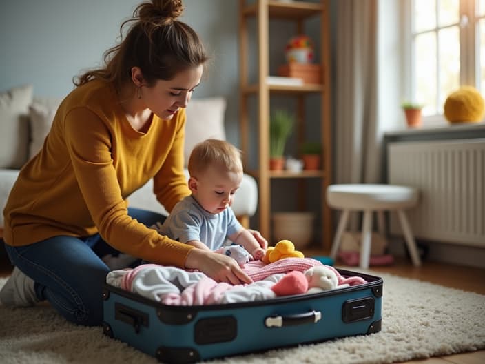 Parent packing a suitcase with child's clothes and toys