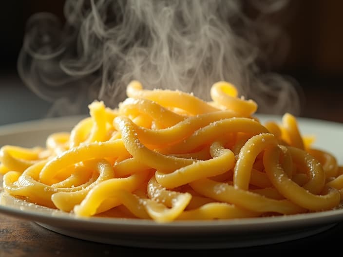 Pasta being tested for al dente texture, steam rising