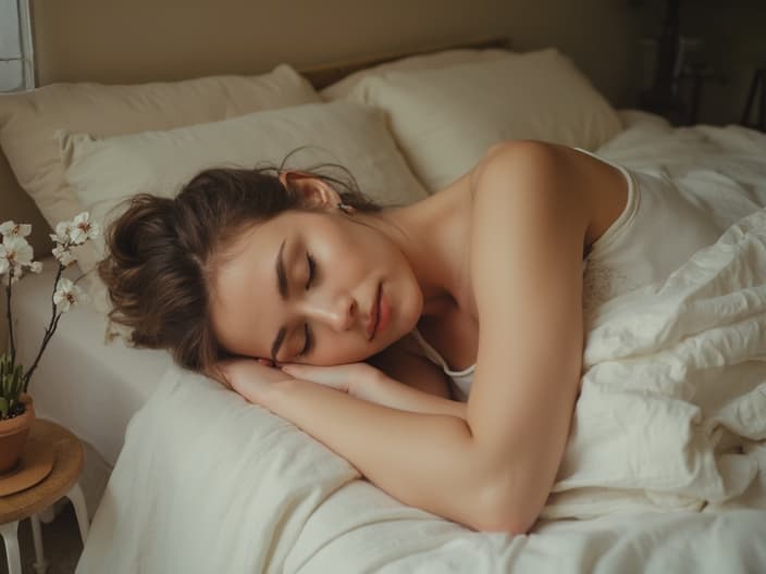 Peaceful studio portrait of a person sleeping comfortably, surrounded by calming elements