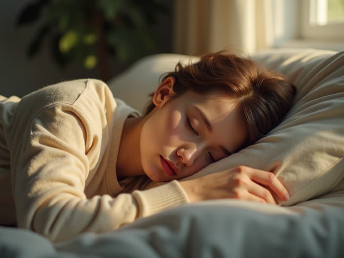 Peaceful studio portrait of a person sleeping soundly, surrounded by soft, dreamy light