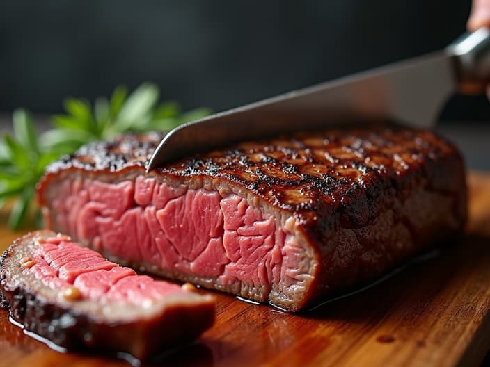 Perfectly seared steak being sliced, juices visible