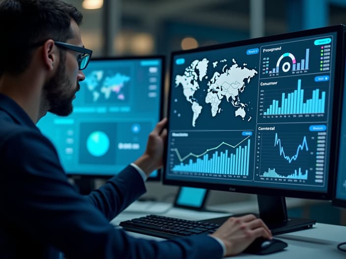 Person analyzing customer data on multiple screens, various data sources visible