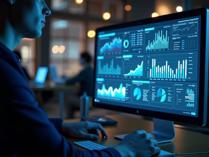 Person analyzing marketing data on computer screen, graphs and charts visible