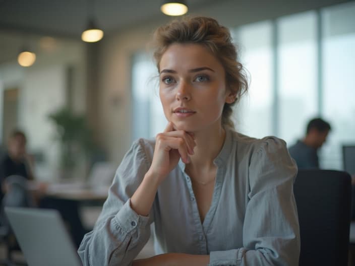 Person analyzing pros and cons of career change, thoughtful expression, modern office