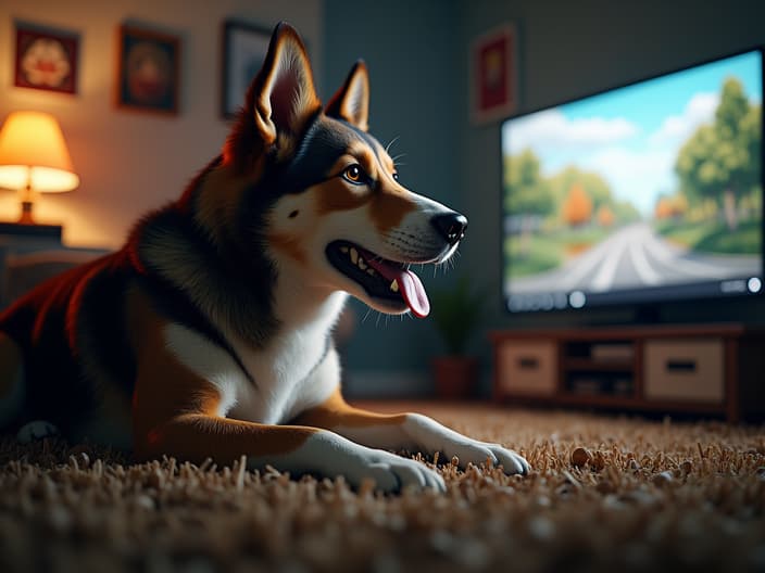 Person and dog playing a video game together