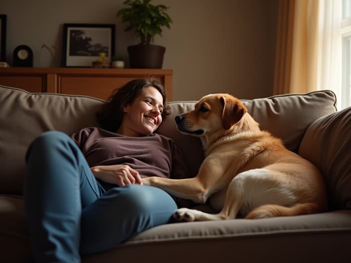 Person and dog watching YouTube videos together on a couch