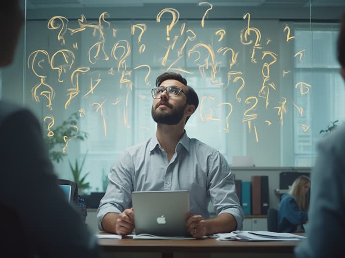 Person brainstorming potential questions and answers, thoughtful expression, office background