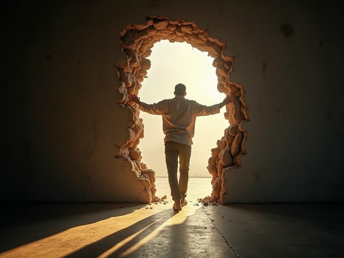 Person breaking through a wall into bright light, dramatic studio photography