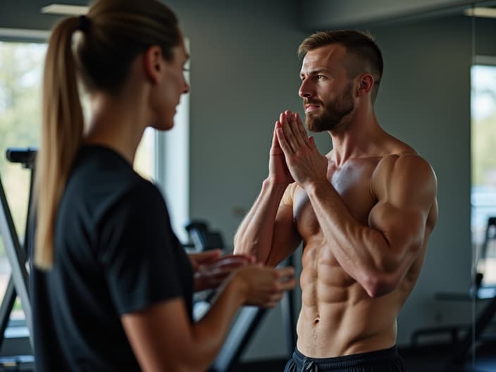 Person breathing deeply during workout, trainer explaining technique