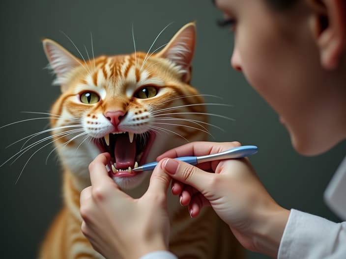 Person brushing a cat's teeth, cat looking slightly annoyed