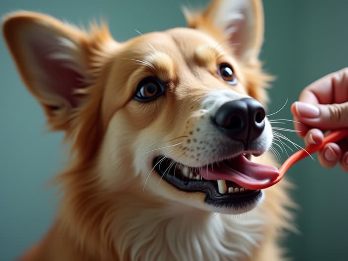 Person brushing a dog's teeth with a toothbrush