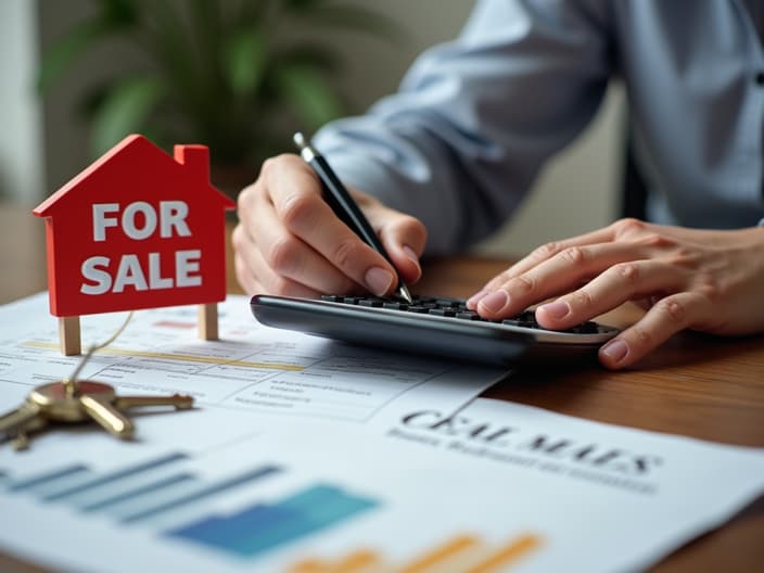 Person calculating taxes on calculator, 'FOR SALE' sign and house keys nearby