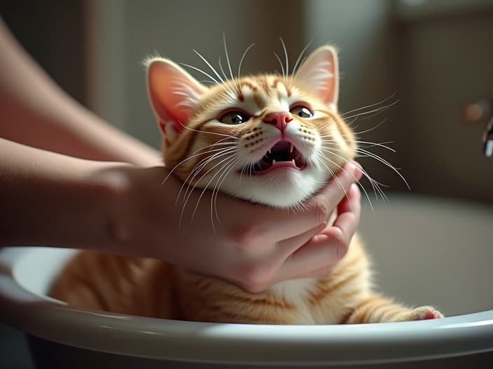 Person carefully bathing a cat, gentle approach