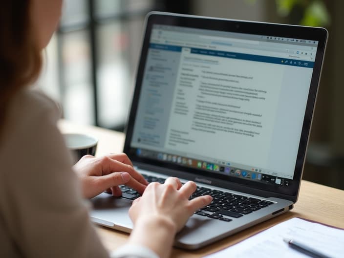 Person carefully crafting an email on a laptop, with notes and reference materials nearby