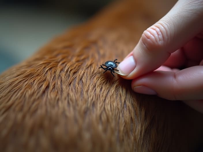 Person carefully removing a tick from a dog's fur