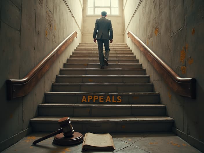 Person climbing staircase labeled 'APPEALS', gavel and unfavorable verdict at bottom