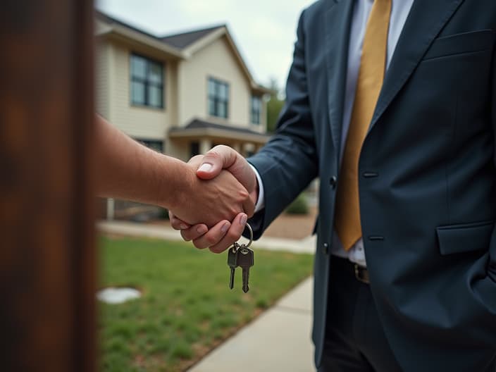 Person clutching house keys, bank representative with foreclosure notice approaching