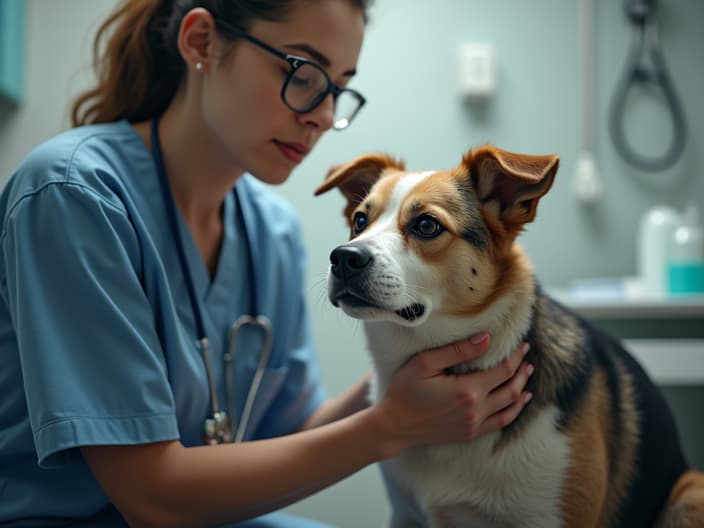 Person comforting a nervous dog at the vet's office