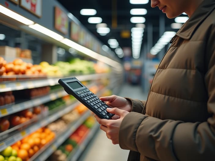 Person comparing prices in a supermarket with a calculator in hand