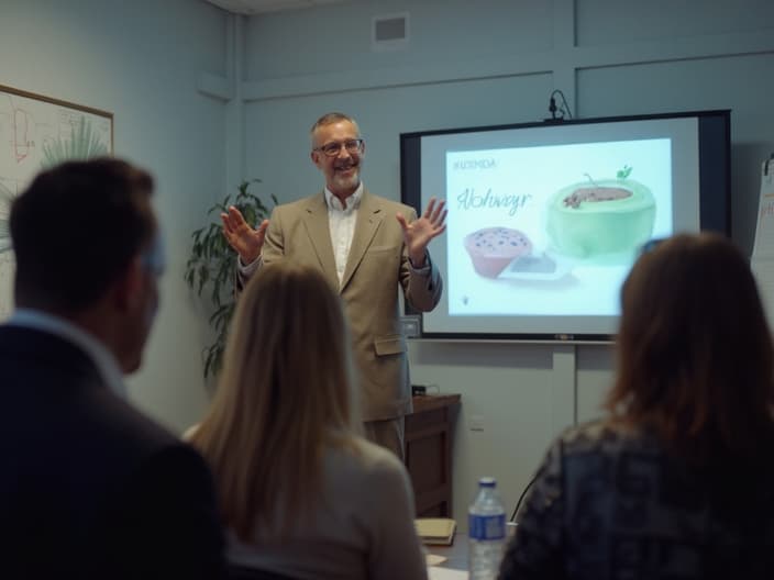 Person confidently presenting to a small audience, using visual aids