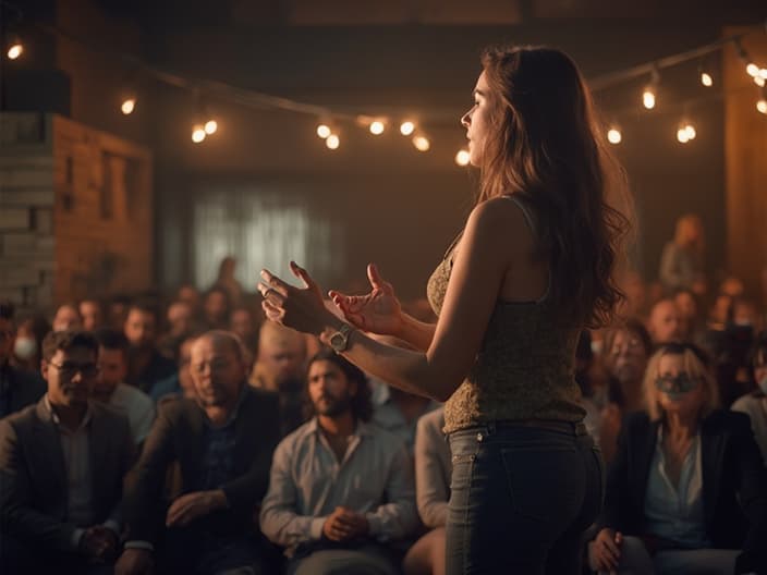 Person confidently speaking to a group, using effective body language