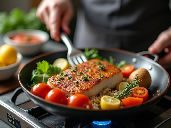 Person cooking a balanced meal with vegetables and lean protein