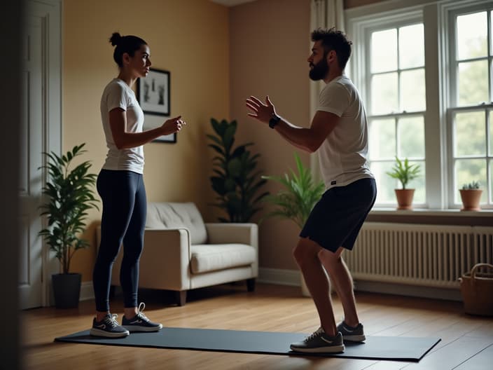 Person doing bodyweight exercises at home, trainer explaining benefits