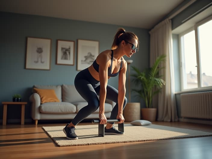 Person doing home workout, various home exercise equipment displayed