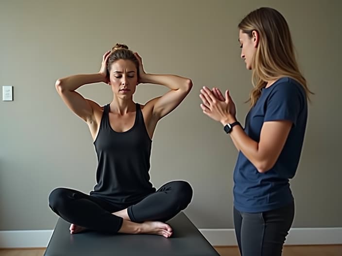 Person doing stress-relieving exercises, trainer explaining techniques